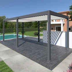 Pergola bioclimatica Ombréa autoportante VS - 3x6M bicolore + 2 tende bianche