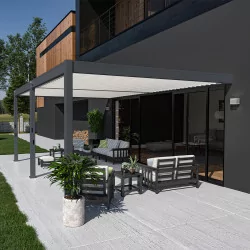 Pergola bioclimatica Ombréa addossata VS - 4x6M bicolore + 2 tende bianche