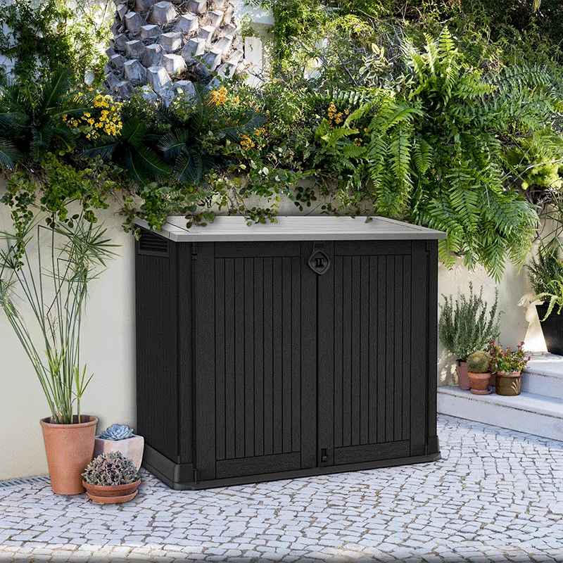 Coffre de rangement multifonctions pour extérieur en résine sans vérins 880L Chalet Jardin